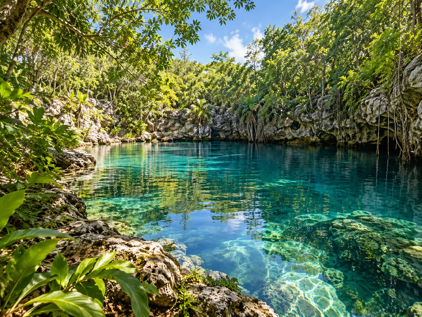 Caleta de agua turquesa entre roca caliza y vegetación tropical.