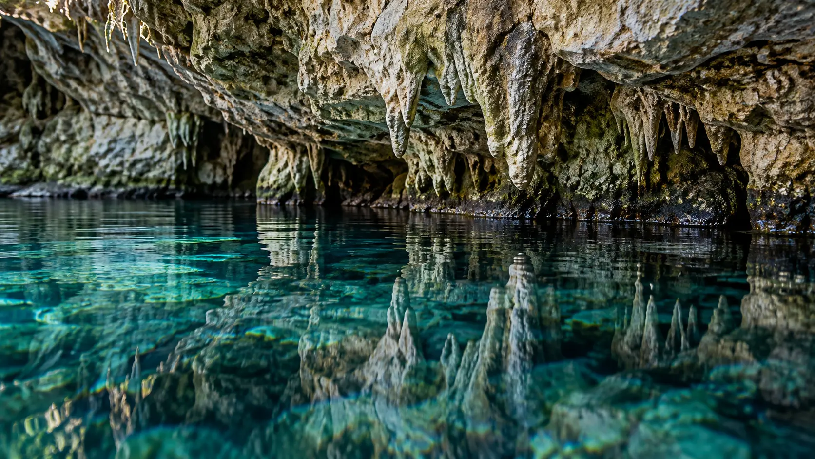 Vista a ras de agua hacia la apertura de una caleta entre orillas de roca caliza.