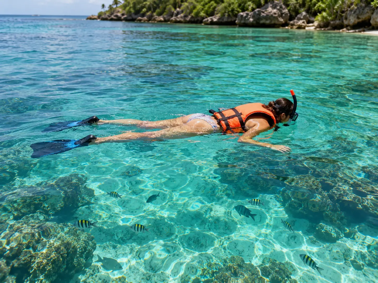 Persona con chaleco salvavidas practicando snorkel en agua clara, a distancia de los peces.